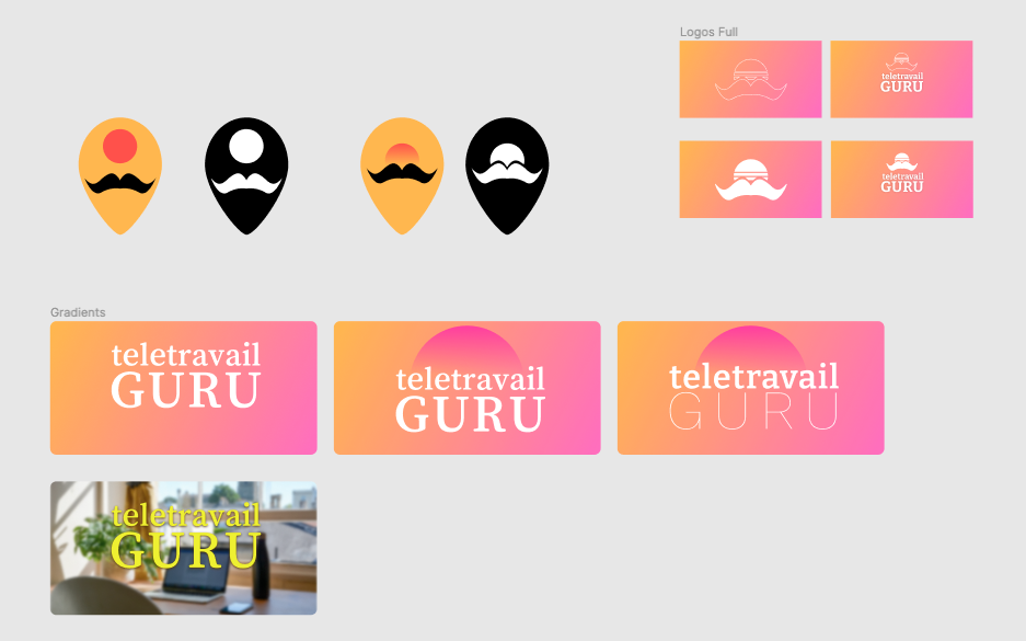 Tableau Figma de réflexion sur le logo de teletravail.guru, où le logo principal reprend la forme d’un géotag dans lequel on trouve une moustache avec un bindi sur le haut du tag